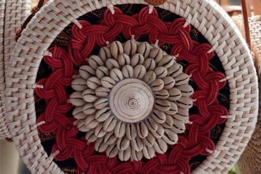 Rattan Bags White with Red Design & Sea Shells